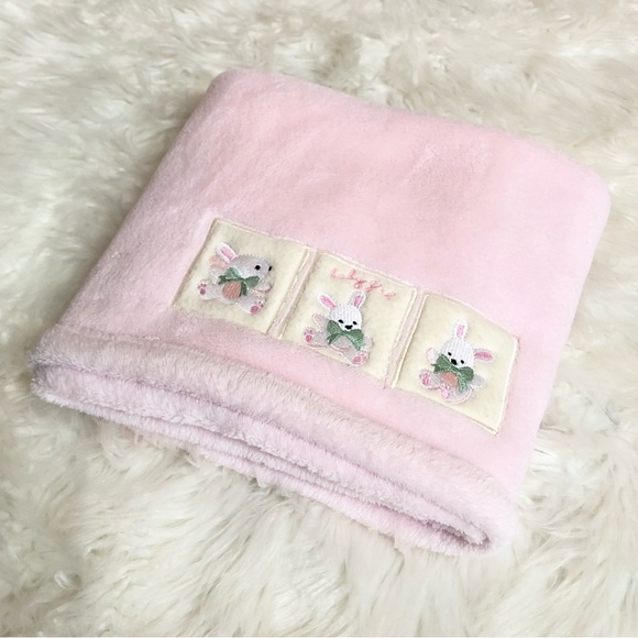 KidsLine Bunny Rabbits Baby Girl Pink Fleece Blanket Lovey 30” x 39” Soft Plush - Picture 1 of 8